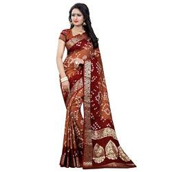 Art Silk Hand Knit Bandhani Saree in brown shades For Women 
