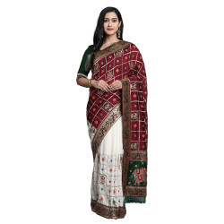 Maroon And White Patola Woven Half N Half Saree For Women