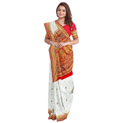 White And Red Panetar Saree In Pure Silk For Women 