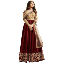 Maroon Embroidered Silk Cotton Anarkali Suit For Women 